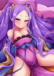 Rule 34 | 1girl, bare shoulders, blue ribbon, blush, breasts, chinese clothes, collarbone, covered navel, dress, fate/grand order, fate (series), forehead, hanfu, highres, long hair, looking at viewer, off shoulder, parted bangs, pelvic curtain, purple dress, purple eyes, purple hair, ribbon, scrunchie, shawl, sitting, small breasts, smile, solo, spread legs, thighs, twintails, very long hair, wide sleeves, wu zetian (fate), wu zetian (first ascension) (fate), yunodon (sugar maple)