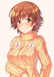 Rule 34 | 10s, 1girl, absurdres, blush, bow, breasts, brown eyes, brown hair, commentary request, highres, honda mio, idolmaster, idolmaster cinderella girls, keffiy, looking at viewer, medium breasts, orange sweater, ribbed sweater, short hair, simple background, smile, solo, sweater, swept bangs, turtleneck, turtleneck sweater