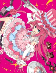 Rule 34 | 10s, 1girl, bare shoulders, blue eyes, chipmunk, detached sleeves, dress, earrings, elizabeth bathory (fate), elizabeth bathory (fate/extra ccc), elizabeth bathory (third ascension) (fate), fate/extra, fate/grand order, fate (series), flower, frilled dress, frills, hat, hat flower, heart, horns, jewelry, kirarin369, layered dress, long hair, looking at viewer, microphone, pink background, pink dress, pink flower, pink hair, pink rose, pointy ears, rose, shield, solo, squirrel, striped clothes, striped headwear, sword, top hat, vertical-striped clothes, vertical-striped headwear, weapon, wrist cuffs