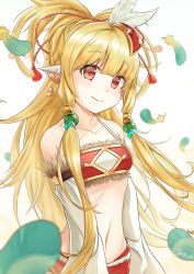 Rule 34 | 1girl, animal ears, bandeau, bare shoulders, belly, blonde hair, blush, chinese zodiac, cowboy shot, granblue fantasy, hair ornament, hakuya kung, highres, long sleeves, looking at viewer, mahira (granblue fantasy), navel, pointy ears, red eyes, simple background, smile, solo, standing