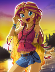 Rule 34 | 1girl, animification, aqua eyes, dated, denim, denim shorts, highres, jewelry, long hair, looking at viewer, midriff, multicolored hair, my little pony, my little pony: equestria girls, my little pony: friendship is magic, navel, necklace, open mouth, outline, shorts, sidelocks, signature, smile, solo, sparkle, sunset, sunset shimmer, uotapo, white outline