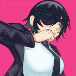 Rule 34 | 1girl, black hair, black necktie, blush, breasts, chainsaw man, closed eyes, collared shirt, eyepatch, formal, highres, himeno (chainsaw man), holding in laughter, jacket, large breasts, liowig, necktie, pink background, shirt, short hair, simple background, solo, suit, suit jacket, tearing up