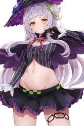 Rule 34 | 1girl, absurdres, black gloves, black shirt, blouse, blunt bangs, bow, breasts, capelet, cleavage, collar, cone hair bun, duplicate, furrowed brow, gloves, grey shirt, hair bun, hair ornament, hat, higashigure, highres, hololive, long hair, long sleeves, looking at viewer, microskirt, murasaki shion, murasaki shion (1st costume), navel, pink bow, pinstripe pattern, pinstripe shirt, shirt, sidelocks, silver hair, single hair bun, single side bun, skirt, small breasts, smug, solo, striped clothes, striped shirt, striped vest, thigh strap, vertical-striped clothes, vertical-striped shirt, vest, virtual youtuber, witch hat, yellow eyes