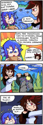 Rule 34 | 2girls, 4koma, animal ears, blue eyes, blue hair, brown hair, closed eyes, comic, finnish text, fins, head fins, imaizumi kagerou, meme, moon, multiple girls, open mouth, package, red eyes, setz, shirt, smile, t-shirt, touhou, wakasagihime, wolf, wolf ears