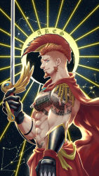 Rule 34 | 1boy, abs, alternate costume, aquarius (constellation), ares (priapus), arm tattoo, bara, beard, black gloves, blue eyes, bulge, cape, character name, chest tattoo, constellation, facial hair, from side, gloves, green eyes, highres, holding, holding sword, holding weapon, large pectorals, male focus, mature male, mohawk, muscular, muscular male, nipple piercing, nipple rings, nipples, orange hair, pectorals, piercing, priapus, pubic tattoo, red cape, sagittarius (constellation), short hair, sideburns, solo, stomach, sword, tattoo, taurus (constellation), topless male, weapon, wind, yzpyn