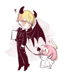 Rule 34 | 1boy, 1girl, :|, angel and devil, angel wings, black eyes, black footwear, black horns, black necktie, black pants, black shirt, black socks, black wings, blonde hair, blunt bangs, blush, bob cut, book, breast pocket, chibi, closed mouth, collared shirt, commentary, constricted pupils, demon horns, demon tail, demon wings, double-parted bangs, dress, flying, frilled dress, frills, full body, gradient hair, grey background, halo, hand in pocket, highres, holding, holding another&#039;s tail, holding book, horns, long sleeves, looking at another, looking down, looking to the side, midair, multicolored hair, necktie, ootori emu, open mouth, orange eyes, orange hair, pants, pocket, poppu usagi, project sekai, shirt, shoes, short hair, sketch, smile, socks, solid circle eyes, solid eyes, sparkle, squiggle, tail, tail grab, tenma tsukasa, two-tone shirt, white background, white dress, white shirt, white wings, wings