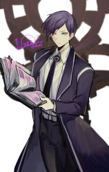 Rule 34 | 1boy, black pants, book, collared shirt, gears, highres, holding, holding book, library of ruina, long sleeves, male focus, nishikujic, pants, project moon, purple hair, shirt, simple background, solo, standing, white background, white shirt, yellow eyes, yesod (project moon)