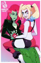 Rule 34 | 2girls, aqua hair, ass, asymmetrical hair, batman (series), black jacket, blonde hair, blue eyes, breasts, character name, colored skin, dc comics, eyeshadow, feet out of frame, fingerless gloves, gloves, gradient background, green eyes, green skin, harley quinn, harley quinn (cartoon), harley quinn (series), highres, jacket, large breasts, long hair, looking at viewer, makeup, midriff, mike luckas, multicolored hair, multiple girls, pale skin, parted lips, pink background, pink hair, poison ivy, red gloves, red hair, smile, twintails