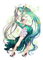 Rule 34 | 1girl, ass, backless outfit, brave sword x blaze soul, breasts, character request, frills, full body, green eyes, hair ornament, hand on own hip, high heels, long hair, multicolored hair, nardack, no socks, solo, transparent background, twintails, very long hair