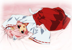 Rule 34 | 1girl, animal ears, blush, cat ears, cat tail, extra ears, japanese clothes, lying, miko, open mouth, pink hair, red eyes, short hair, smile, solo, tail, tonbi