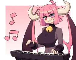 Rule 34 | 1girl, ahoge, bell, black gloves, border, breasts, bright pupils, commentary, daigada, demon girl, demon horns, demon wings, english commentary, fingerless gloves, gloves, gradient background, highres, horns, inset border, instrument, keyboard (instrument), large breasts, looking at viewer, music, musical note, navel, neck bell, original, pink background, pink eyes, pink hair, playing instrument, sharp teeth, shirt, short hair, sleeveless, sleeveless shirt, smile, solo, teeth, white background, white border, white pupils, wings