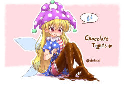 Rule 34 | 1girl, american flag dress, american flag legwear, blonde hair, chocolate, chocolate on body, chocolate on clothes, clownpiece, english text, fairy, fairy wings, food on body, frilled shirt collar, frills, full body, hat, highres, jester cap, leggings, long hair, neck ruff, open mouth, pink eyes, polka dot, shitacemayo, short sleeves, sitting, solo, spoken sweatdrop, star (symbol), star print, sweatdrop, touhou, twitter username, wings