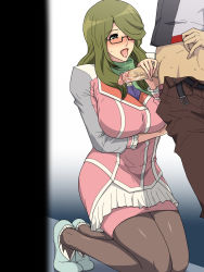 Rule 34 | 1girl, belt, blush, breasts squeezed together, breasts, censored, chousoku henkei gyrozetter, clothed sex, dress, glasses, greco roman (spiral brain), green hair, hair over one eye, handjob, highres, kneeling, large breasts, long hair, open mouth, pantyhose, penis, saliva, shoes, shoudou kotoha, skirt, solo focus, standing, sweat