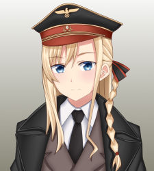 Rule 34 | 1girl, adolf hitler, adolf hitler (cosplay), black coat, black hat, black necktie, blonde hair, blue eyes, braid, closed mouth, coat, commentary, cosplay, dress shirt, english commentary, frown, gradient background, green ribbon, grey background, grey jacket, hair ribbon, hat, high school fleet, highres, insignia, jacket, long hair, looking at viewer, military, military hat, military uniform, necktie, peaked cap, portrait, ribbon, shirt, single braid, solo, starguard, trench coat, uniform, white shirt, wilhelmina braunschweig ingenohl friedeburg, wing collar
