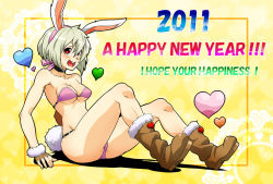 Rule 34 | 10s, 1girl, 2011, :d, animal ears, animal nose, armpits, bare shoulders, beige hair, blonde hair, boots, breasts, rabbit ears, rabbit tail, choker, cleavage, collarbone, english text, engrish text, fingerless gloves, gloves, hair ribbon, hairband, happy, happy new year, heart, new year, oku (okumen), open mouth, original, ranguage, red eyes, ribbon, short hair, sitting, smile, solo, tail, teeth, underboob