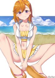 Rule 34 | 1girl, absurdres, beach, blush, breasts, closed mouth, collarbone, frilled tankini, highres, jacket, looking at viewer, love live!, love live! superstar!!, medium breasts, medium hair, open clothes, open jacket, orange hair, purple eyes, sandals, shibuya kanon, sitting, skirt, sleeveless, sleeveless jacket, solo, tank top, twitter username, white jacket, yellow nails, yellow skirt, yellow tank top, yzlkun
