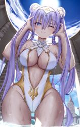 Rule 34 | 1girl, absurdres, bare shoulders, bathing, blue eyes, blue sky, blush, breasts, britomart (fate), britomart (final ascension) (fate), center opening, cleavage, double bun, fate/grand order, fate (series), gold one-piece swimsuit, gold trim, grey hair, hair bun, hairband, highleg, highleg swimsuit, highres, large breasts, long hair, looking at viewer, o-ring, one-piece swimsuit, one eye closed, pointy ears, sky, smile, solo, swimsuit, taut clothes, taut swimsuit, thighs, toukan, twintails, two-tone swimsuit, very long hair, wading, wet, white one-piece swimsuit