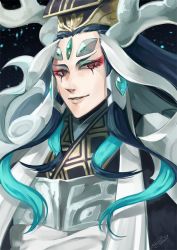 Rule 34 | 1boy, black hair, chinese clothes, eyeshadow, fate/grand order, fate (series), green hair, green pupils, guan hat, hat, horns, long hair, looking at viewer, makeup, male focus, mian guan, multicolored hair, parted lips, red eyes, red eyeshadow, rkp, shi huang di (fate), shi huang di (third ascension) (fate), sidelocks, signature, solo, upper body, wavy hair, white hair
