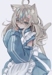 Rule 34 | 1girl, ahoge, animal ear fluff, animal ears, apron, blue eyes, blue hair, blue jacket, blue sleeves, cat ears, cat girl, cat tail, closed mouth, commentary request, detached sleeves, frilled apron, frills, grey background, grey hair, hair between eyes, hair ornament, hairclip, hairpin, hands up, highres, jacket, jersey maid, long hair, looking at viewer, maid, maid apron, multicolored hair, original, paw hair ornament, simple background, solo, squallea, streaked hair, tail, unconventional maid, white apron
