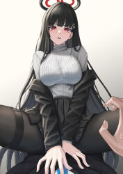 Rule 34 | 1girl, absurdres, black hair, black jacket, black pantyhose, black skirt, blazer, blue archive, blush, bra visible through clothes, breasts, commentary, girl on top, halo, highres, ilbanseomin, jacket, jacket partially removed, korean commentary, large breasts, long hair, looking at viewer, milestone celebration, miniskirt, mixed-language commentary, pantyhose, pov, pov hands, red eyes, ribbed sweater, rio (blue archive), see-through, simple background, skirt, solo, spread legs, straight hair, sweater, thigh strap, turtleneck, turtleneck sweater, very long hair, white background, white sweater