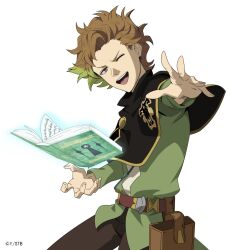 Rule 34 | 1boy, belt, black bulls (emblem), black capelet, black clover, black clover m: rise of the wizard king, book, brown belt, brown hair, brown pants, capelet, finral roulacase, green shirt, green streaks, grimoire, holding, holding book, looking at viewer, male focus, multicolored hair, official art, one eye closed, open book, open mouth, pants, purple eyes, shirt, short hair, simple background, solo, streaked hair, teeth, transparent background, upper teeth only