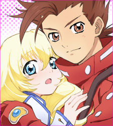 Rule 34 | 00s, 1boy, 1girl, blonde hair, blue eyes, brown eyes, brown hair, colette brunel, lloyd irving, long hair, official style, r (corolla), red shirt, shirt, tales of (series), tales of symphonia