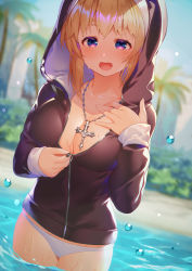 Rule 34 | 1girl, beach, bikini, black jacket, blonde hair, blue sky, blush, breasts, cleavage, collarbone, commentary request, cross, cross necklace, day, fang, hood, hood up, jacket, jewelry, kibanda gohan, large breasts, long sleeves, looking at viewer, medium hair, necklace, open mouth, original, outdoors, palm tree, purple eyes, sky, sleeves past wrists, smile, solo, swimsuit, tree, wet, white bikini, zipper