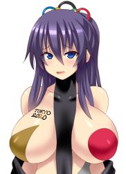 Rule 34 | 1girl, bare shoulders, blue eyes, breasts, huge breasts, konno tohiro, light smile, long hair, olympics, original, purple hair, simple background, solo, wavy mouth, white background