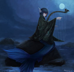 Rule 34 | 1girl, animal ears, artist name, bird, blue hair, closed eyes, fins, full moon, harp, head fins, highres, instrument, japanese clothes, kimono, mag (huangmag), magician (artist), md5 mismatch, mermaid, monster girl, moon, night, obi, rock, sash, short hair, smile, solo, star (sky), touhou, wakasagihime, water, wide sleeves