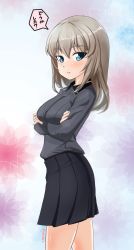 Rule 34 | 1girl, abimaru gup, black skirt, blue eyes, check commentary, commentary request, cowboy shot, crossed arms, dress shirt, floral background, from side, girls und panzer, highres, itsumi erika, kuromorimine school uniform, light blush, long sleeves, looking at viewer, looking back, medium hair, miniskirt, multicolored background, parted lips, pleated skirt, school uniform, shirt, silver hair, skirt, solo, standing, translated, twitter username, wing collar