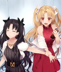 Rule 34 | 2girls, bitter sweet (fate/grand order), black dress, black hair, black ribbon, blonde hair, blush, box, bracelet, closed eyes, closed mouth, collarbone, commentary request, cross, cross necklace, dress, earrings, ereshkigal (bitter sweet) (fate), ereshkigal (fate), fate/grand order, fate (series), fingernails, gift, gift box, hair ribbon, hand grab, highres, holding, holding another&#039;s wrist, holding gift, ishtar (bitter sweet) (fate), ishtar (fate), jewelry, koruta (nekoimo), long hair, multiple girls, nail polish, necklace, open mouth, orange nails, pinstripe dress, pinstripe pattern, red dress, red eyes, ribbon, ring, sleeveless, sleeveless dress, striped, two side up, very long hair, white ribbon