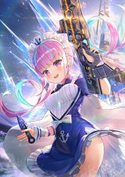 Rule 34 | 1girl, :d, absurdres, ahoge, anchor, anchor symbol, apex legends, blue bow, blue dress, blue hair, blue ribbon, blush, bow, braid, breasts, clothes lift, colored inner hair, commentary, dress, dress lift, english commentary, frilled dress, frills, gun, hair ribbon, highres, holding, holding gun, holding weapon, hololive, huge filesize, in-universe location, janyhero, kunai, long hair, looking at viewer, maid headdress, medium breasts, minato aqua, minato aqua (1st costume), multicolored hair, nail polish, open mouth, panties, pink hair, puffy short sleeves, puffy sleeves, purple eyes, ribbon, round teeth, short sleeves, smile, solo, teeth, twintails, two-tone hair, underwear, upper teeth only, v-shaped eyebrows, very long hair, virtual youtuber, weapon, white bow, white panties, wind, wind lift