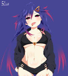Rule 34 | 1girl, :p, @ @, absurdres, alternate costume, ankokuboshi kurome, arm behind back, black jacket, black shorts, blue eyes, blue hair, blush, braid, breasts, casual, dress, expressionless, gradient eyes, hair ornament, hairclip, half-closed eyes, hand on own hip, hand on own thigh, highres, hip focus, jacket, kurozero, long hair, looking at viewer, medium breasts, micro shorts, multicolored eyes, navel, neptune (series), open clothes, open jacket, purple eyes, red eyes, shin jigen game neptune vii, short dress, shorts, solo, stomach, tongue, tongue out, twin braids, twintails, very long hair