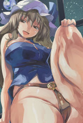 Rule 34 | 1girl, bare shoulders, blonde hair, breasts, earth (planet), groin, hat, large breasts, long hair, looking at viewer, navel, no pants, open mouth, smile, solo, touhou, watatsuki no toyohime, yellow eyes, yohane