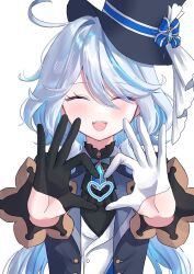 Rule 34 | 1girl, ahoge, arms up, ascot, asymmetrical gloves, black ascot, black gloves, black hat, black jacket, black shirt, blue bow, blue gemstone, blue hair, blush, bow, buttons, closed eyes, collared jacket, finger heart, furina (genshin impact), gem, genshin impact, gloves, grey hair, hair between eyes, hat, hat bow, hat ornament, heart, highres, jacket, long hair, long sleeves, mochi mochi052, multicolored hair, open clothes, open jacket, shirt, simple background, smile, solo, sparkle, standing, striped, striped bow, teeth, tongue, top hat, two-tone hair, vest, white background, white gloves, white vest