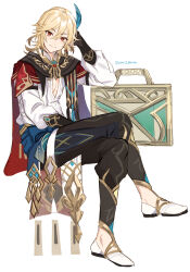 Rule 34 | 1boy, black pants, blonde hair, blue sash, cape, closed mouth, commentary, crossed legs, earrings, eyelashes, feather hair ornament, feathers, full body, genshin impact, gold trim, hair between eyes, hair ornament, hand up, head rest, highres, invisible chair, jewelry, kaveh (genshin impact), long hair, long sleeves, looking at viewer, male focus, miz (mi), necklace, pants, red cape, red eyes, sash, shirt, shoes, sidelocks, simple background, sitting, smile, solo, suitcase, tassel, white background, white footwear, white shirt