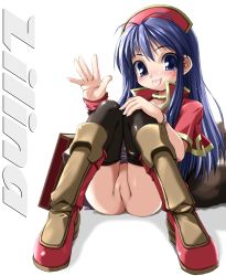 Rule 34 | 1girl, :p, black thighhighs, blue eyes, blue hair, blush, boots, bottomless, cleft of venus, fat mons, female focus, fire emblem, fire emblem: the binding blade, full body, haga yui, hand on own knee, hat, knees together feet apart, knees up, lilina (fire emblem), long hair, looking at viewer, matching hair/eyes, nintendo, no panties, pussy, sitting, smile, solo, thigh boots, thighhighs, tongue, tongue out, torn clothes, torn thighhighs, uncensored, waving