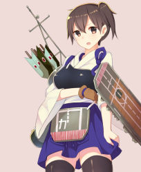 Rule 34 | 10s, 1girl, arrow (projectile), bad id, bad pixiv id, black thighhighs, brown eyes, brown hair, fumatake, gloves, japanese clothes, kaga (kancolle), kantai collection, long sleeves, open mouth, personification, short hair, side ponytail, skirt, solo, thighhighs, wide sleeves