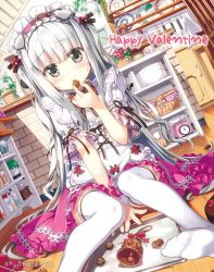 Rule 34 | 1girl, animal ears, apron, candy, chocolate, chocolate heart, crotch seam, dog ears, eating, feet, food, fujima takuya, happy valentine, heart, holding, long hair, looking at viewer, maid, maid apron, maid headdress, no shoes, original, panties, pantyshot, sitting, solo, thighhighs, tray, two side up, underwear, white panties, white thighhighs, zettai ryouiki