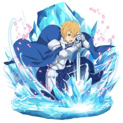 Rule 34 | 1boy, armor, blonde hair, blue cape, blue eyes, blue pants, blue rose sword, cape, eugeo, faulds, full body, gauntlets, hair between eyes, highres, holding, holding sword, holding weapon, ice, male focus, official art, open mouth, pants, shoulder armor, solo, pauldrons, sword, sword art online, sword art online: alicization, transparent background, weapon