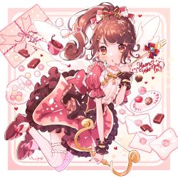 Rule 34 | 1girl, :o, angel wings, ankle strap, back bow, blonde hair, blush, bow, bow (weapon), bowl, brown eyes, brown hair, candy, chocolate, cup, dress, earrings, envelope, feathered wings, food, footwear bow, fork, frilled dress, frilled shirt collar, frills, gift tag, hair bow, hair ornament, hairclip, happy valentine, heart, heart-shaped pupils, heart earrings, highres, holding, holding bow (weapon), holding fork, holding weapon, jewelry, letter, long hair, looking at viewer, mameyanagi, multicolored hair, nail polish, neck ribbon, necklace, open mouth, original, pearl necklace, pinky out, plate, ponytail, puffy short sleeves, puffy sleeves, ribbon, short sleeves, solo, spoon, streaked hair, symbol-shaped pupils, teacup, thighhighs, two-tone hair, v-shaped eyebrows, valentine, weapon, wings, wrist cuffs