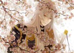 Rule 34 | 10s, 1boy, artist request, bare pectorals, cherry blossoms, eyelashes, flower, hair between eyes, hair over shoulder, half-closed eyes, kogitsunemaru, light smile, long hair, looking at viewer, male focus, outdoors, parted bangs, parted lips, pectorals, petals, red eyes, short eyebrows, simple background, slit pupils, solo, touken ranbu, tree, under tree, upper body, very long hair, white background, wind, wind lift