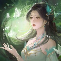 Rule 34 | 1girl, artist request, bare shoulders, black hair, brown eyes, bug, butterfly, detached sleeves, doupo cangqiong, dress, earrings, facial mark, forehead mark, from side, gu xun er (doupo cangqiong), hair ornament, hand up, highres, insect, jewelry, long hair, open mouth, second-party source, solo, teeth, upper body, white dress