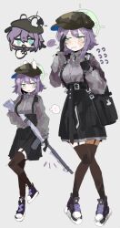 1girl alternate_costume black_skirt blue_archive blush breasts cabbie_hat chibi chibi_inset commentary_request garter_straps grey_short gun halo hat highres korean_commentary lahti-saloranta_m/26 large_breasts light_machine_gun long_sleeves machine_gun newsboy_cap odmised purple_hair saki_(blue_archive) shoes short_hair skirt sneakers solo thighhighs weapon