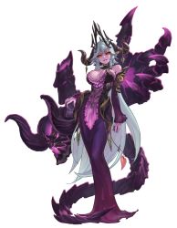 Rule 34 | 1girl, absurdres, bare shoulders, breasts, cleavage, colored skin, demon girl, demon queen lilith, dress, full body, game cg, grey hair, guardian tales, highres, horns, large breasts, long dress, long hair, looking at viewer, official art, pointy ears, purple dress, purple skin, red eyes, see-through, smile, solo, standing, transparent background, weapon