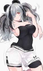Rule 34 | 1girl, ;), absurdres, animal ears, arknights, bare arms, bare shoulders, bear ears, bear girl, bear tail, black hair, breast suppress, breasts, clothing cutout, covered navel, cowboy shot, eyes visible through hair, feater (arknights), grey hair, highres, impossible clothes, kurarome, large breasts, leg up, long hair, looking at viewer, motion lines, multicolored hair, one eye closed, red eyes, short shorts, shorts, sideboob, simple background, smile, solo, standing, standing on one leg, streaked hair, stretching, tail, tail through clothes, thick eyebrows, twintails, two-tone hair, white background, white shorts
