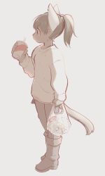Rule 34 | 1girl, 3yo4yo5yo, animal ears, bag, boots, cat ears, cat tail, cup, disposable cup, female focus, from side, full body, hair bobbles, hair ornament, highres, holding, holding bag, original, ponytail, profile, solo, tail