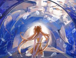 Rule 34 | 1girl, absurdres, aquarium, aquarium tunnel, arms behind back, back, brown hair, chinese commentary, dress, fish, floating hair, flower, from behind, highres, holding, holding flower, interface headset, jellyfish, ling ye zzz, long hair, neon genesis evangelion, orange hair, shark, solo, souryuu asuka langley, stingray, sundress, tunnel, two side up, yellow dress