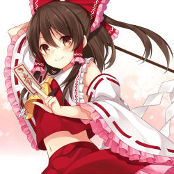 Rule 34 | 1girl, arm up, ascot, blush, bow, brown eyes, brown hair, closed mouth, detached sleeves, hair between eyes, hair bow, hair tubes, hakurei reimu, holding, long hair, looking at viewer, lowres, midriff, navel, ofuda, red bow, red skirt, ribbon-trimmed sleeves, ribbon trim, shide, shiromikan, sidelocks, skirt, smile, solo, touhou, upper body, wide sleeves