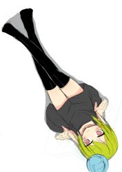 Rule 34 | 1girl, crossed legs, from above, ico (green bullet), kimidori (ico), looking at viewer, looking up, original, simple background, sitting, smile, solo, thighhighs, upside-down, white background